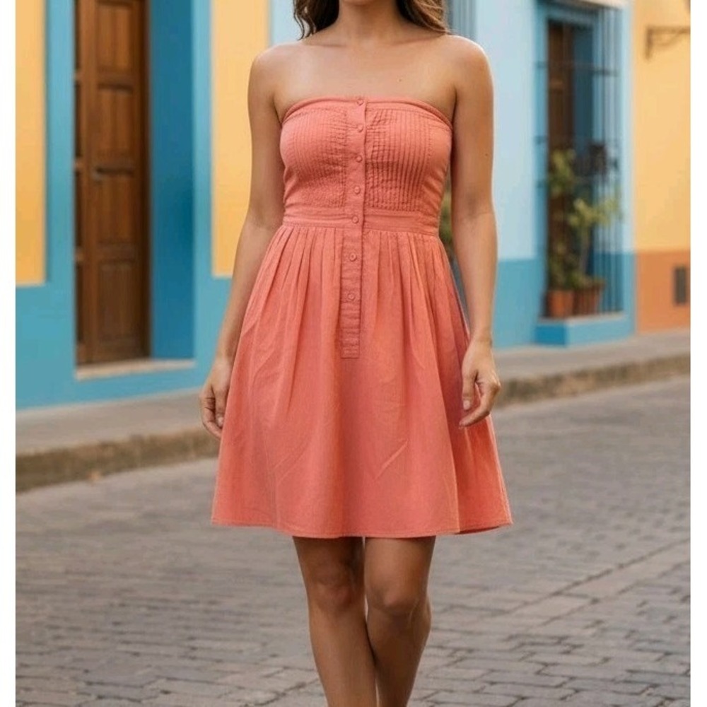 Eyelid Halter‎ Pintuck Maeve Anthropologie Coral coastal Mid Dress Size 2 Event